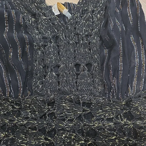 Black Strapless Gold Metallic Lace Dress Beach Cover-up